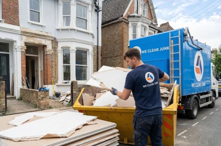 We Clear Junk team loading plasterboard waste onto removal truck in London