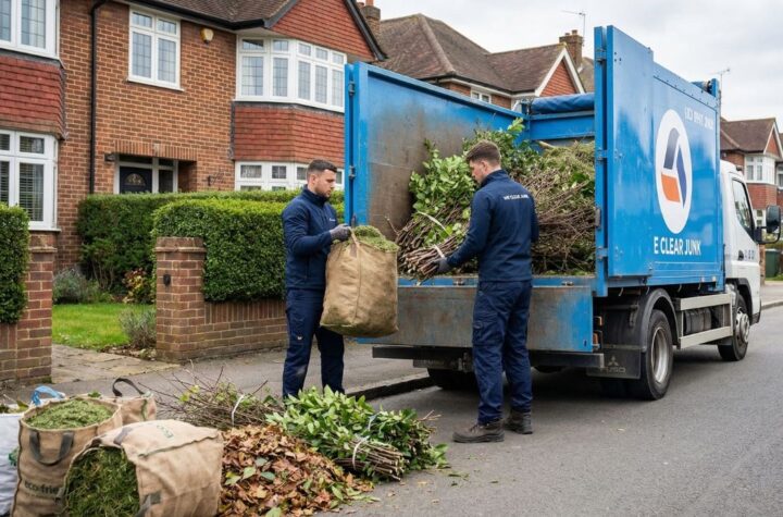 We Clear Junk truck collecting green waste outside London residential property