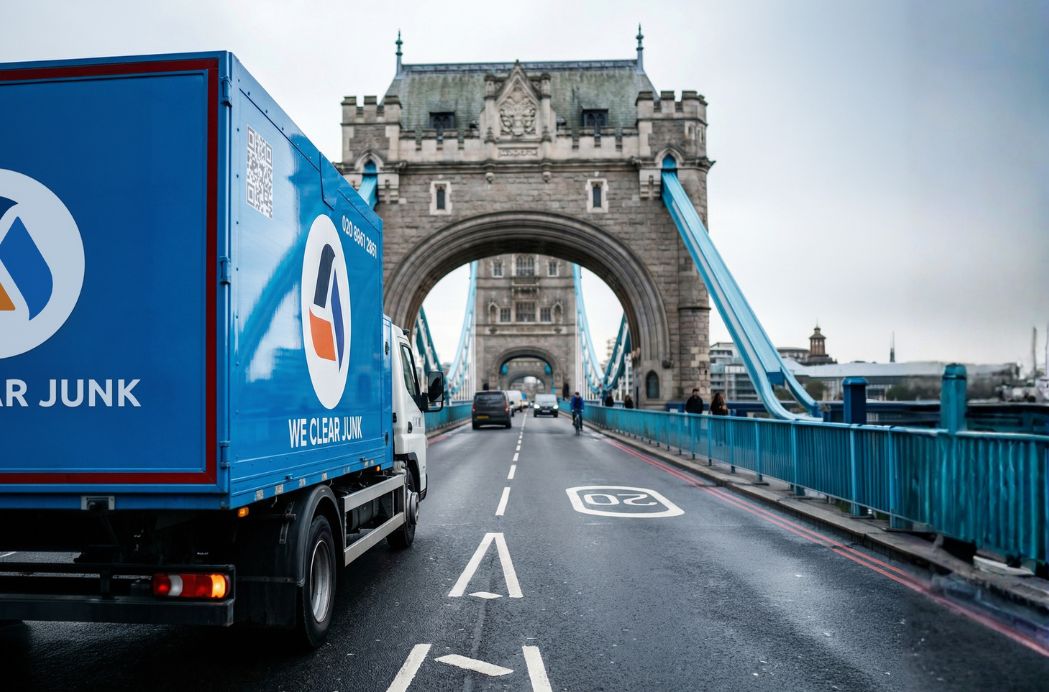 We Clear Junk removal truck driving through London with Tower Bridge in background