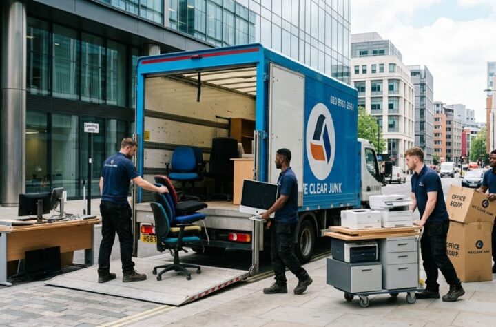 We Clear Junk truck parked outside London office building for office clearance