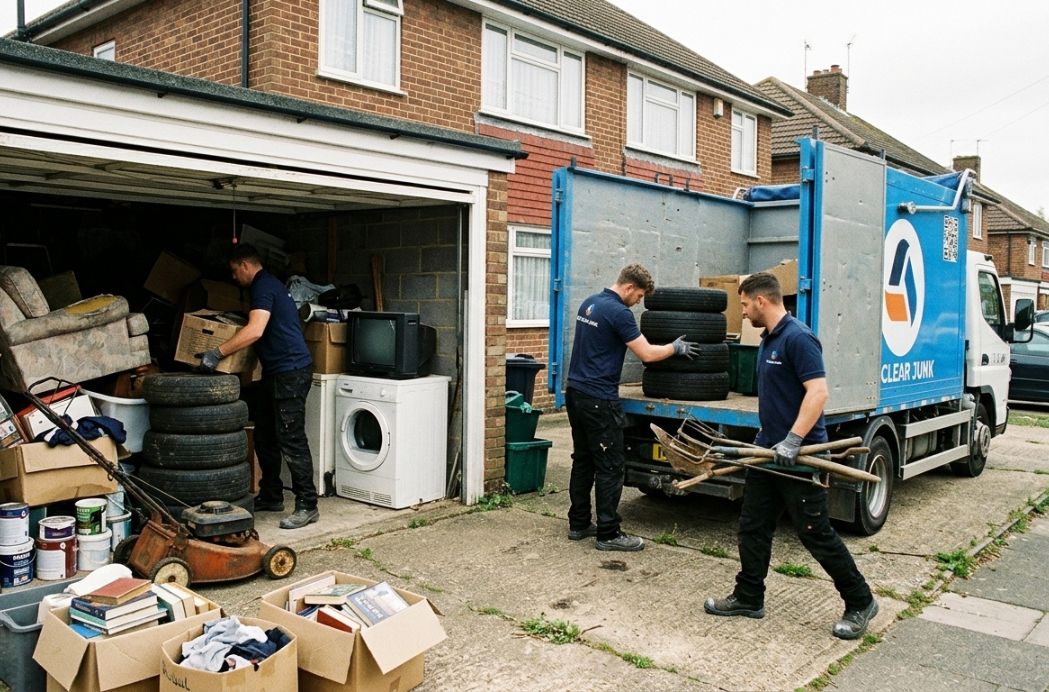 We Clear Junk team carrying furniture during professional garage clearance London