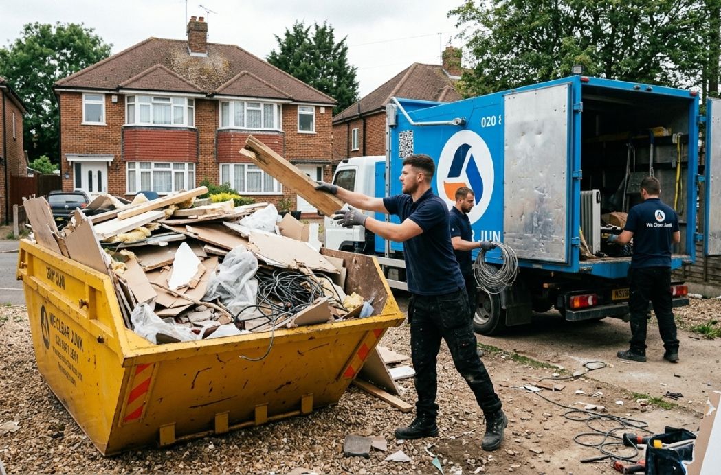 We Clear Junk team clearing construction waste next to skip and removal truck in London
