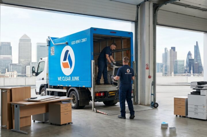 We Clear Junk team loading office furniture onto removal truck in London