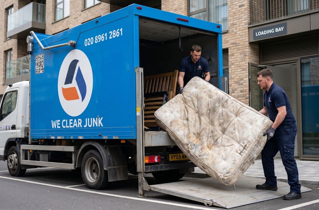 We Clear Junk team loading old mattress onto removal truck at London loading bay