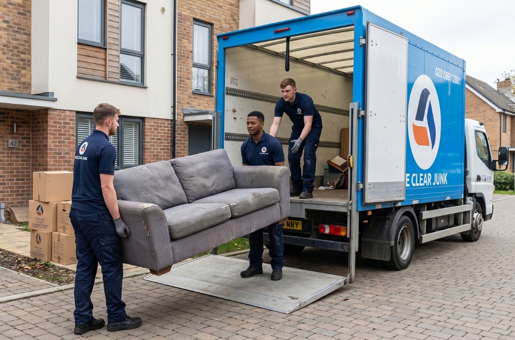 We Clear Junk team loading sofa onto man and van removal truck in London